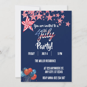 Invitación Fiesta de Fuegos Artificiales Rojo Blanco y Azul d