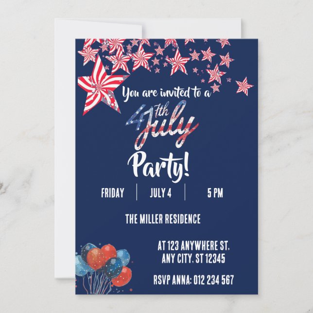Invitación Fiesta de Fuegos Artificiales Rojo Blanco y Azul d (Anverso)
