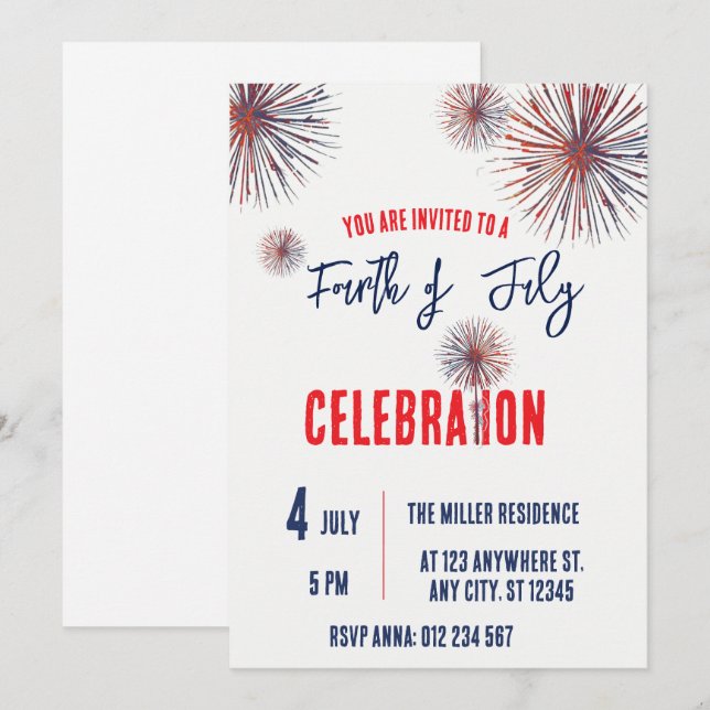 Invitación Fiesta de Fuegos Artificiales Rojo Blanco y Azul d (Anverso / Reverso)