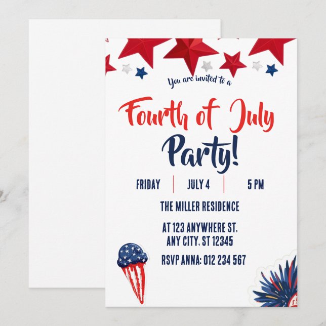 Invitación Fiesta de Fuegos Artificiales Rojo Blanco y Azul d (Anverso / Reverso)