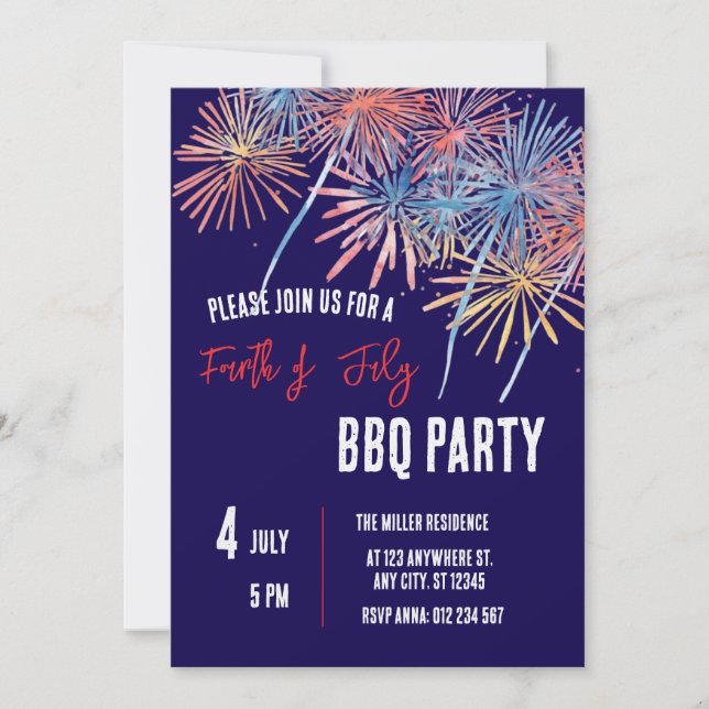 Invitación Fiesta de Fuegos Artificiales Rojo Blanco y Azul d (Anverso)