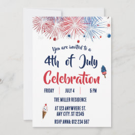 Invitación Fiesta de Fuegos Artificiales Rojo Blanco y Azul d
