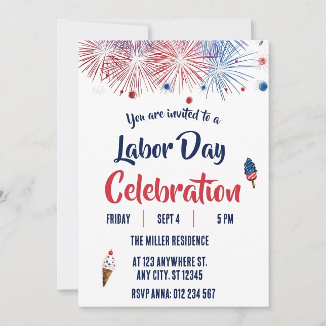 Invitación Fiesta de Fuegos Artificiales Rojo Blanco y Azul d (Anverso)