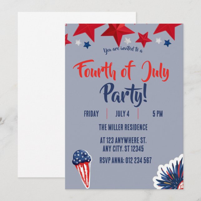 Invitación Fiesta de Fuegos Artificiales Rojo Blanco y Azul d (Anverso / Reverso)