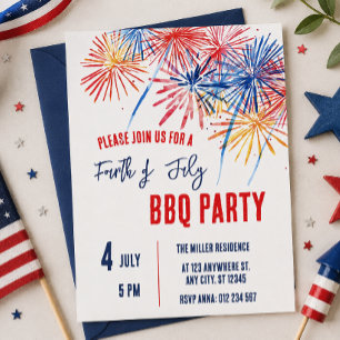 Invitación Fiesta de Fuegos Artificiales Rojo Blanco y Azul d