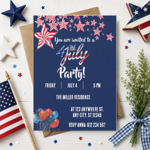 Invitación Fiesta de Fuegos Artificiales Rojo Blanco y Azul d