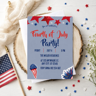 Invitación Fiesta de Fuegos Artificiales Rojo Blanco y Azul d