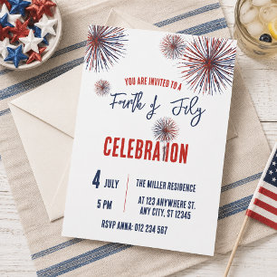 Invitación Fiesta de Fuegos Artificiales Rojo Blanco y Azul d