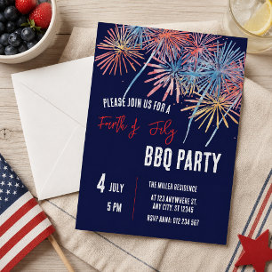 Invitación Fiesta de Fuegos Artificiales Rojo Blanco y Azul d