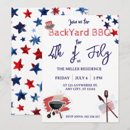Invitación Fiesta de Fuegos Artificiales Rojo Blanco y Azul d