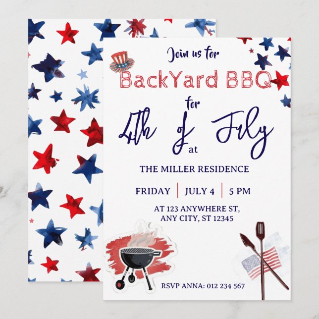 Invitación Fiesta de Fuegos Artificiales Rojo Blanco y Azul d (Anverso / Reverso)