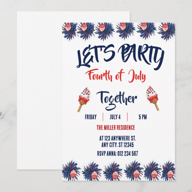 Invitación Fiesta de Fuegos Artificiales Rojo Blanco y Azul d (Anverso / Reverso)
