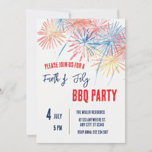 Invitación Fiesta de Fuegos Artificiales Rojo Blanco y Azul d