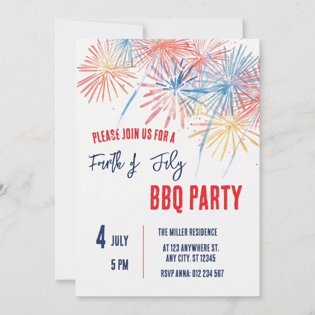 Invitación Fiesta de Fuegos Artificiales Rojo Blanco y Azul d (Anverso)