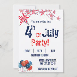 Invitación Fiesta de Fuegos Artificiales Rojo Blanco y Azul d