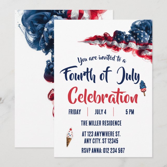 Invitación Fiesta de Fuegos Artificiales Rojo Blanco y Azul d (Anverso / Reverso)