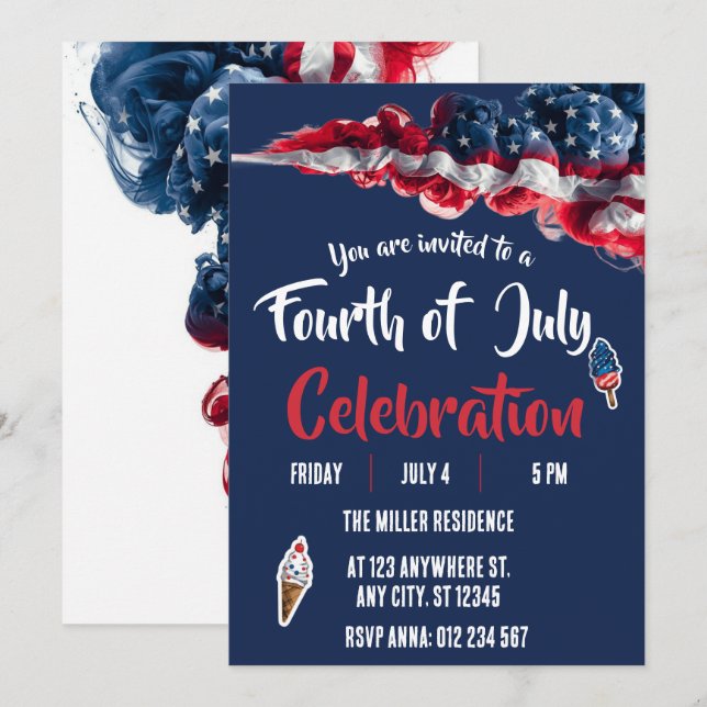 Invitación Fiesta de Fuegos Artificiales Rojo Blanco y Azul d (Anverso / Reverso)