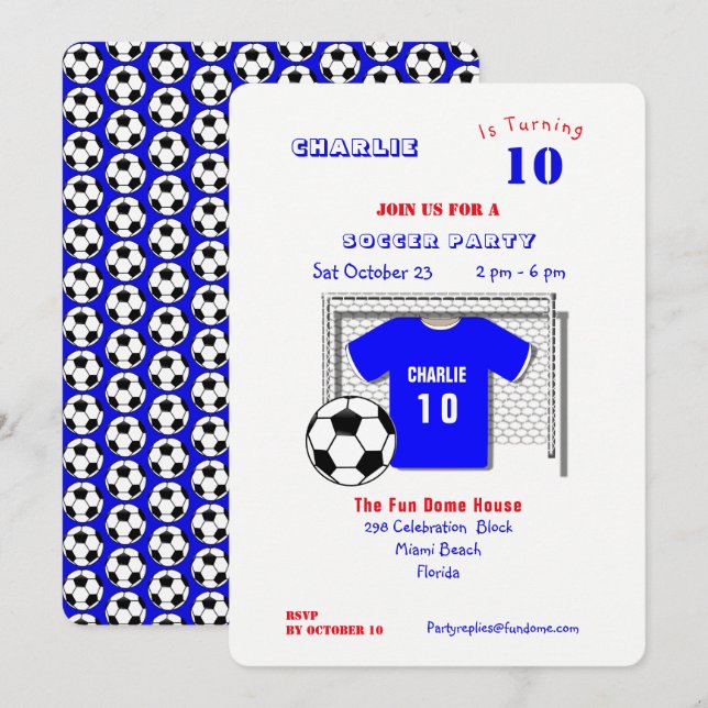 Invitación Fiesta de fútbol: Camisa de fútbol azul personaliz (Anverso / Reverso)