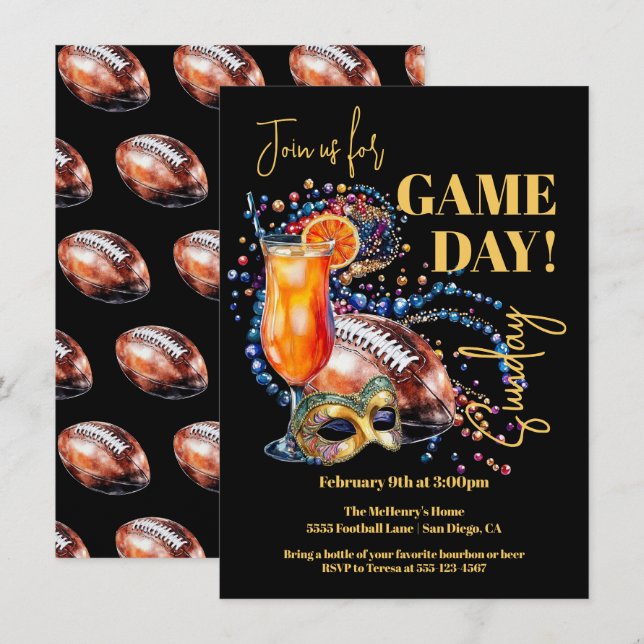 Invitación Fiesta de fútbol de Nueva Orleans Día del Mardi Gr (Anverso / Reverso)