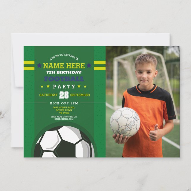 Invitación Fiesta de fútbol invita a foto de niños de cumplea (Anverso)