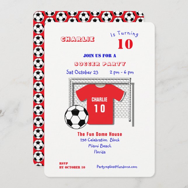 Invitación Fiesta de fútbol rojo camisón de fútbol personaliz (Anverso / Reverso)