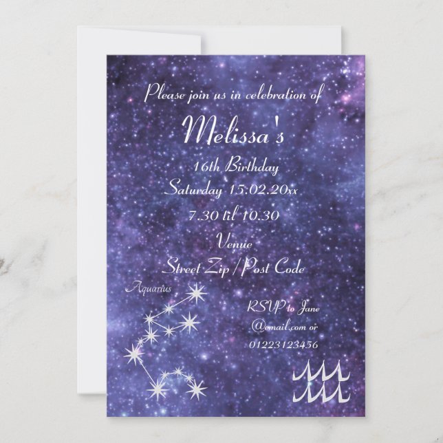 Invitación Fiesta de galaxia Aquarius Zodiac personalizado (Anverso)