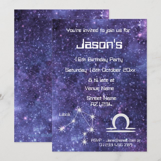 Invitación Fiesta de Galaxia Libra Zodiac Personalizada (Anverso / Reverso)