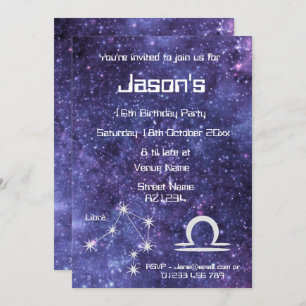 Invitación Fiesta de Galaxia Libra Zodiac Personalizada