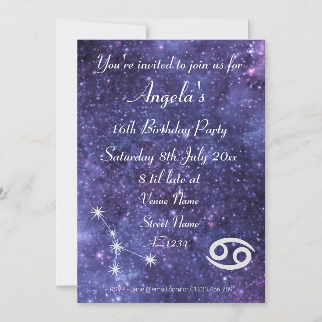 Invitación Fiesta de galaxia Zodiac personalizada para el cán (Anverso)