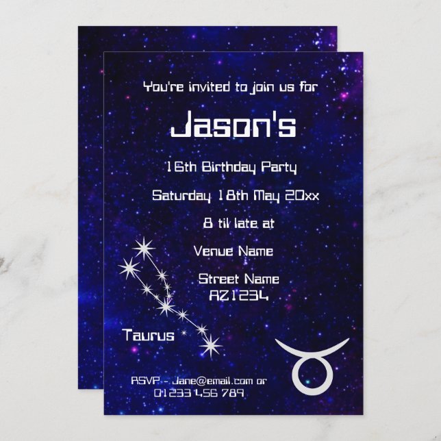 Invitación Fiesta de galaxia zodiac Taurus personalizado (Anverso / Reverso)