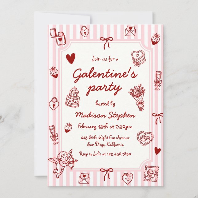 Invitación Fiesta de Galentine de dibujo a mano rosa rojo (Anverso)