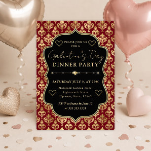 Invitación Fiesta de Galentines con Damasco de Corazón Rojo y