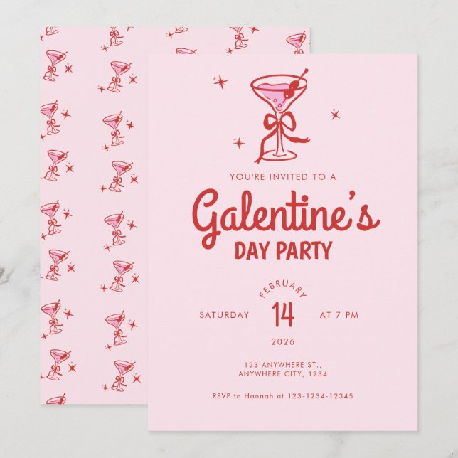 Invitación Fiesta de Galentine's Day Cóctel con Lazo Rojo Ado (Anverso / Reverso)