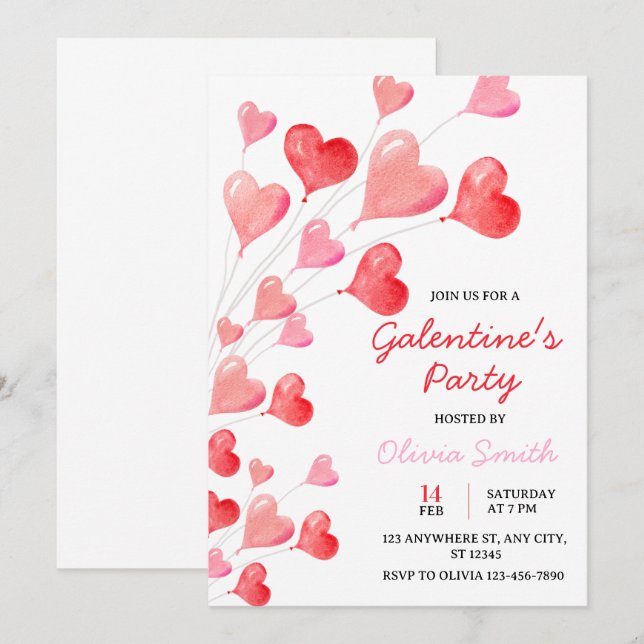 INVITACIÓN FIESTA DE GALENTINES DAY CON GLOBOS DE ACUARELA (Anverso / Reverso)