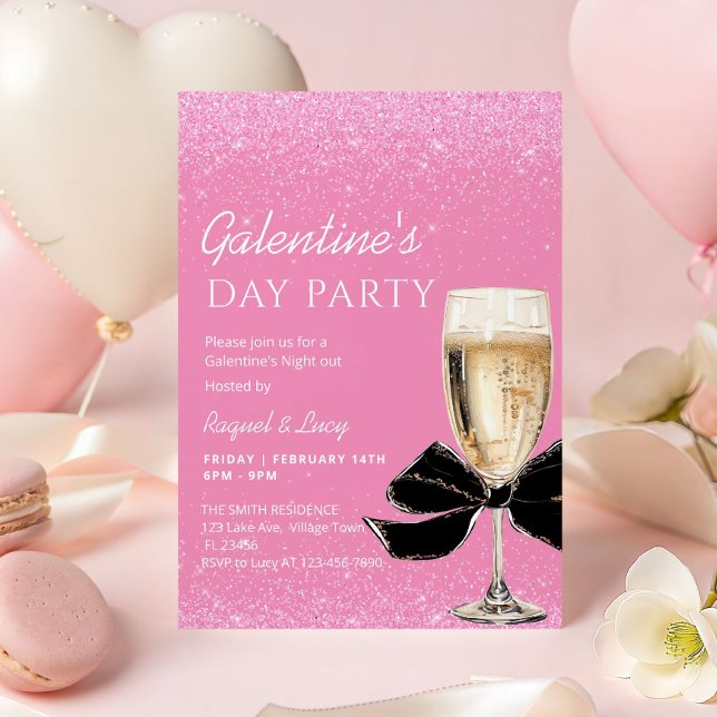 Invitación Fiesta de Galentine's Day con Lazo Coquette Rosa (Black coquette bow Galentine's Day Party Invitation)
