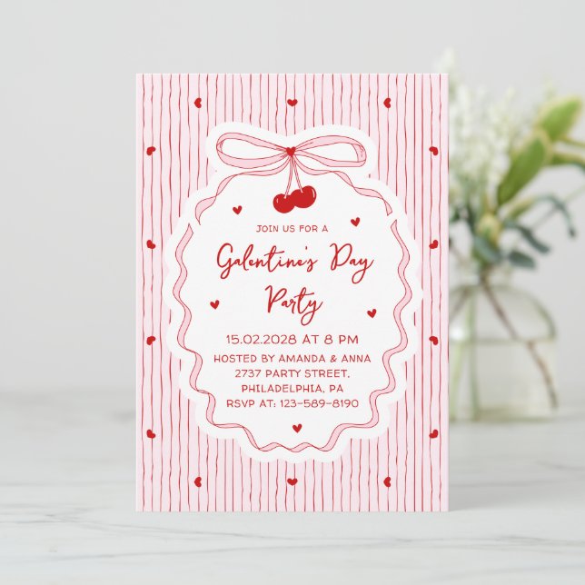 Invitación Fiesta de Galentine's Day con lazo de cereza coque (Anverso de pie)
