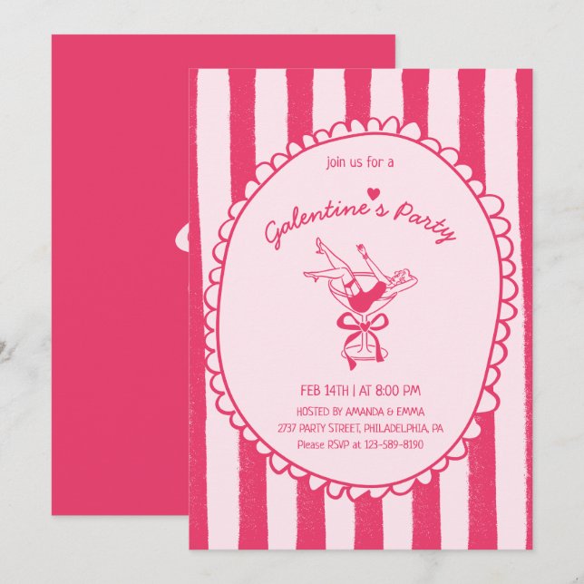 Invitación Fiesta de Galentine's Day Dibujada a Mano en Rosa  (Anverso / Reverso)