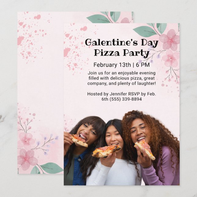 Invitación Fiesta de Galentine's Day Photo Pizza (Anverso / Reverso)