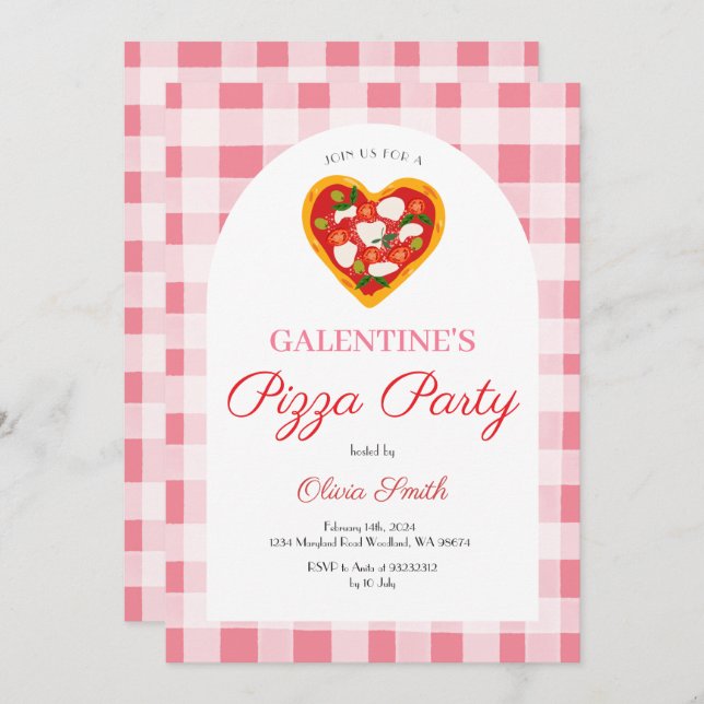 Invitación Fiesta de Galentine's Day Pizza San Valentín (Anverso / Reverso)
