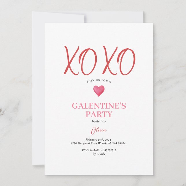 Invitación Fiesta de Galentine's Day Rosa XOXO Día de San Val (Anverso)