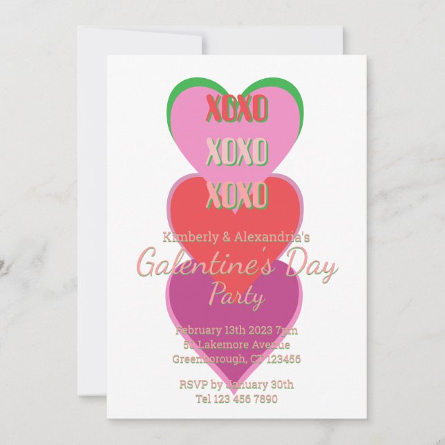 Invitación Fiesta de Galentine's Day Rosa y Verde (Anverso)
