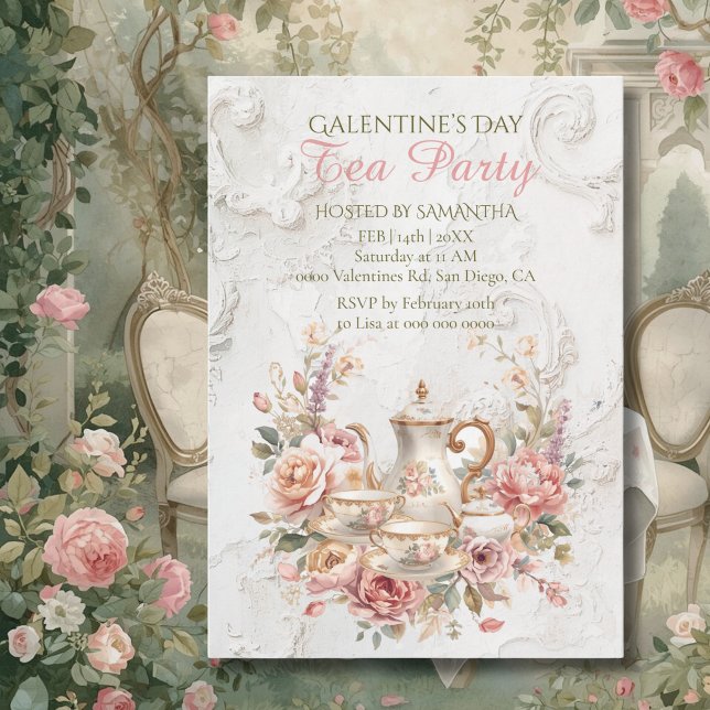 Invitación Fiesta de Galentines de Té Floral Rococó Suave Ros (Subido por el creador)