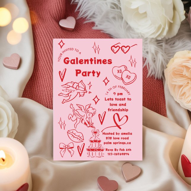 Invitación fiesta de galentines, galentines doodle San Valent (Subido por el creador)