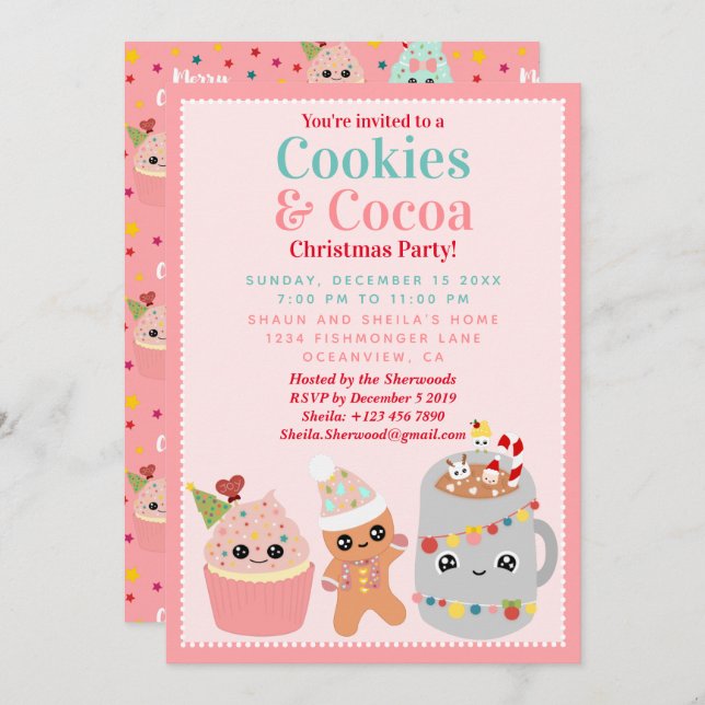Invitación Fiesta de galletas kawaii rosadas y Navidades de c (Anverso / Reverso)