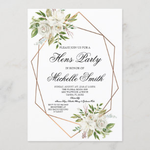 Invitación Fiesta de gallinas geométrico floral blanco de