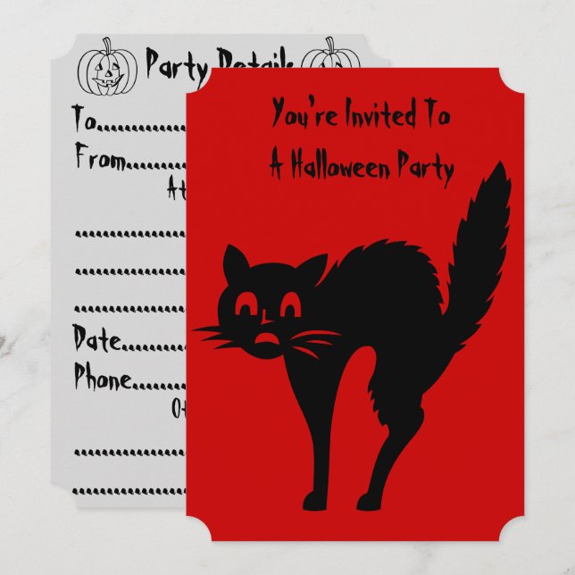 Invitación fiesta de gato negro gracioso y enfadado invito a  (Anverso / Reverso)