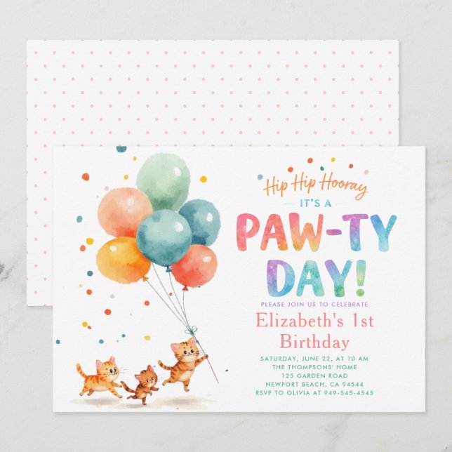 Invitación Fiesta de Gatos Cachorros Lindos Globos Cumpleaños (Anverso / Reverso)