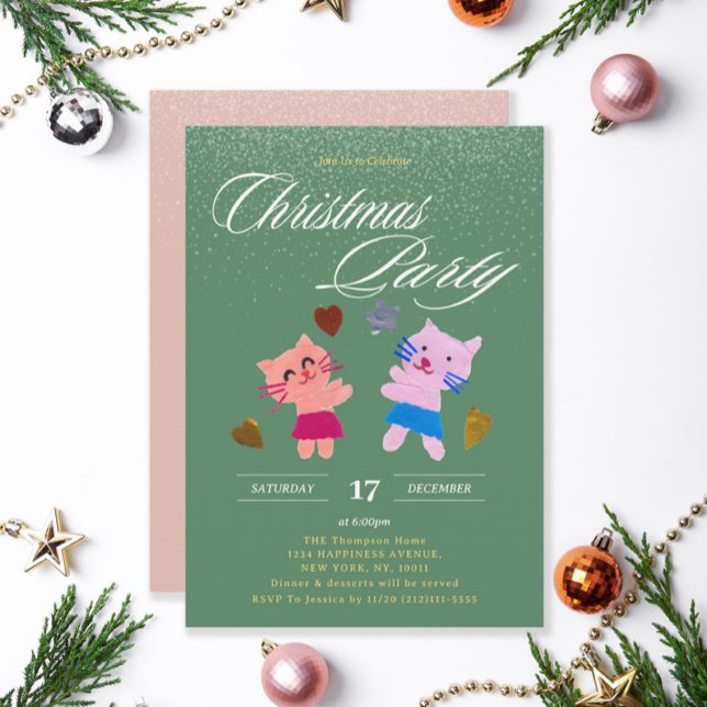 Invitación Fiesta de gatos festivos Navidades musgos verdes (Subido por el creador)