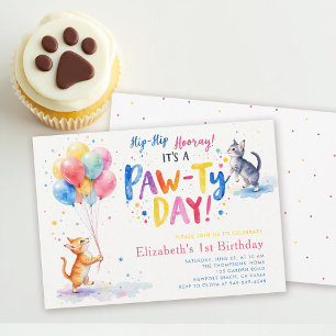 Invitación Fiesta de Gatos Gatitos Coloridos Globos Cumpleaño