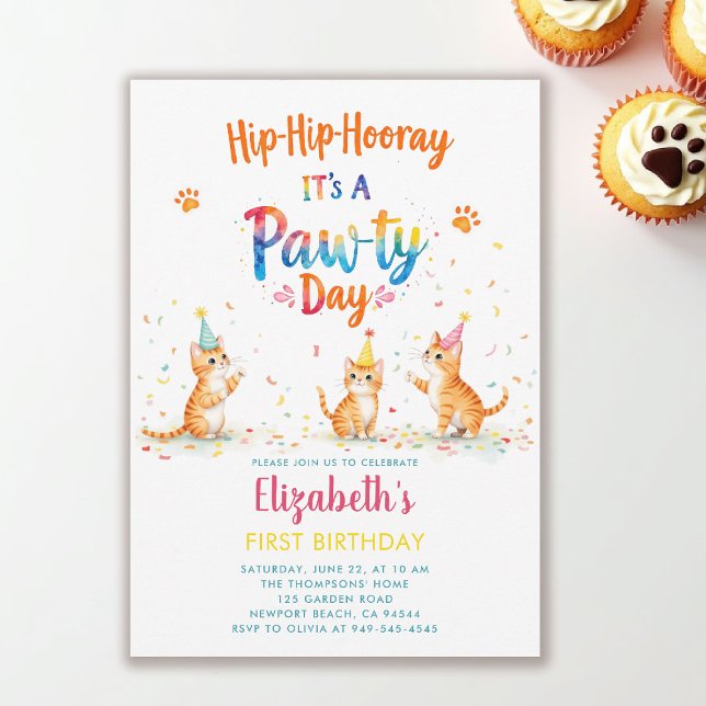 Invitación Fiesta de gatos gatitos juguetones cumpleaños infa (cat birthday party invitation playful kittens colorful watercolor cute adorable characters kids back)